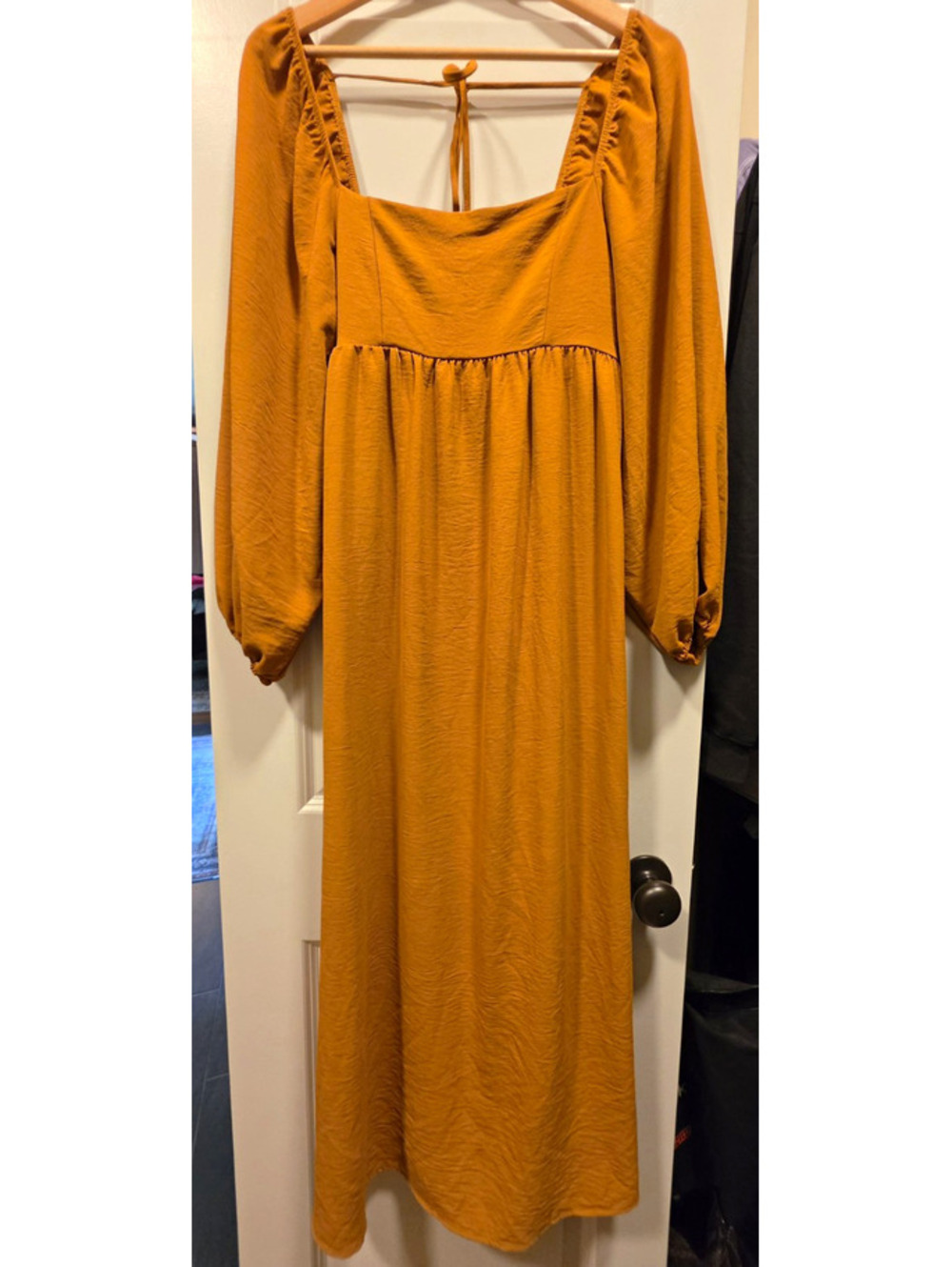 GeeGee Mustard Smocked Square Neck Tie Back Midi Balloon Sleeve A-Line Dress M